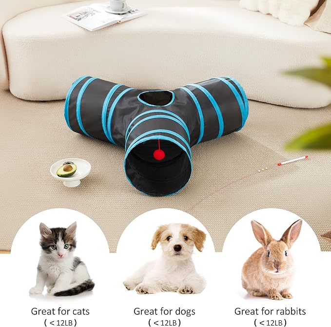 Love's cabin Cat Tunnel Tube Cat Toys 3 Way Collapsible, Cat Tunnels for Indoor Cats，Kitten Tunnel Bored Pet Cat Play Tunnel with Peek Hole Toy Ball for Cat, Kitty, Kitten, Rabbit, Puppy Blue