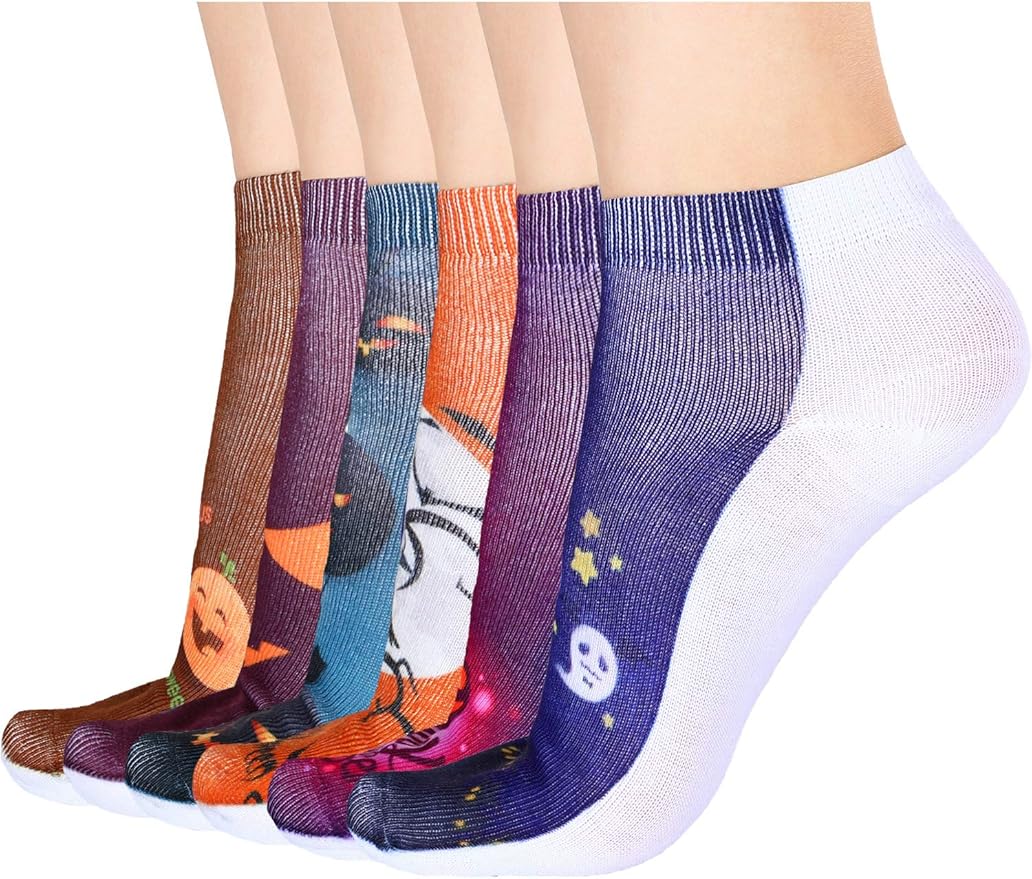 Boao 6 Pieces Christmas Socks 3D Print Short Casual Funny Halloween Pumpkin Cat Ankle Socks