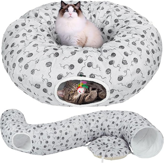 Ownpets Large Cat Tunnel Bed 12 inch Diameter for Large Cats Up to 35 Lbs, Cat Donut Tunnel Bed with Soft Mat, Soft Plush Cat Tube, Peekaboo Cat Cave, Gray