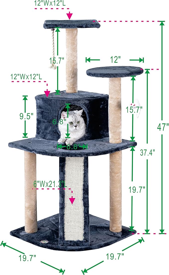 Go Pet Club Everyday Value 47in Corner Cat Tree Kitty Condo Kitten Scratcher Tower House Furniture with Hanging Toys for Indoor Cats, Gray/Beige