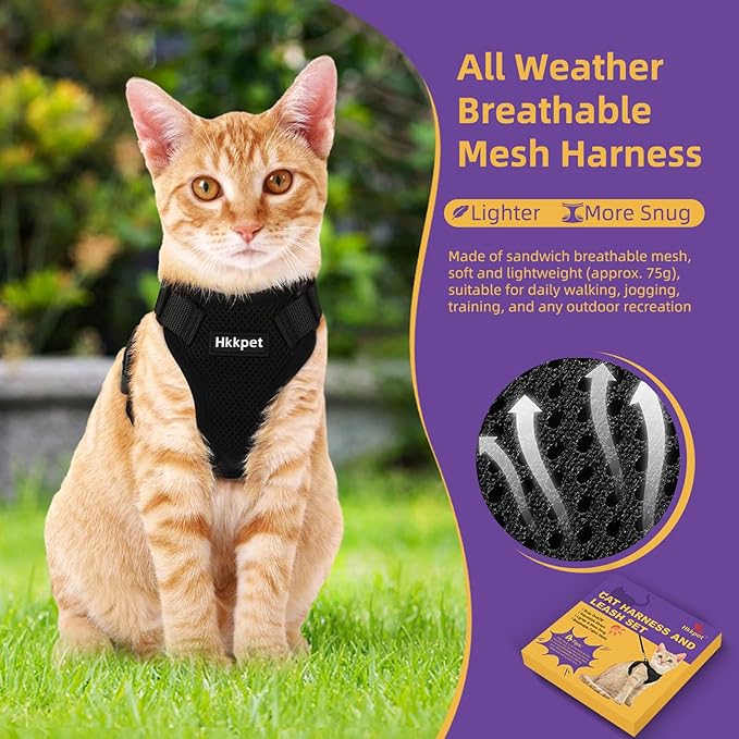 Adjustable Cat Harness and Leash Set for Outdoor Walking, Soft Breathable Mesh Cat Harness with Reflective Strips,Escape Proof Safe Cat Vest Harness, Black (XS)