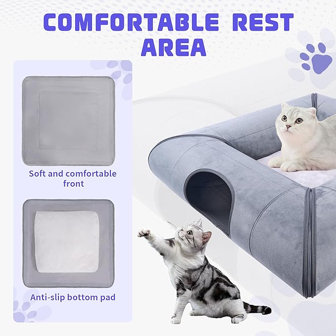 Cat Tunnel Bed, Sturdy and Scratch-Resistant, Indoor Cat Cave with Removable Soft Cushion, Removable Cat Tunnel for Cats and Multiple Cats (Gray)