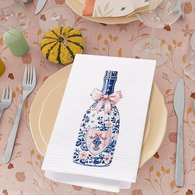 SPBL&L Chinoiserie Decor Kitchen Towels, Blue and White Chinoiserie Champagne Pink Bow Hand Towels for Bathroom, Grandmillenial Decor Dish Towels Tea Towels for Kitchen, 16x24 Inches