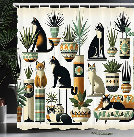 Ambesonne Cat Shower Curtain, Boho Ethnic Style Design with Kitties Sitting and Laying Poses Botanical, Cloth Fabric Bathroom Decor Set with Hooks, 69" W x 75" L, Black Ginger Mint Green