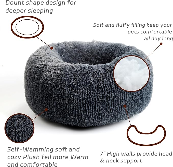 Calming Dog Bed for Cats and Small Dogs, Donut Washable Small Cat Bed for Indoor Cats and Dogs, Anti-Slip Round Fluffy Plush Faux Fur Pet Bed for Small Cats and Dogs (Dark Grey, 15.7")