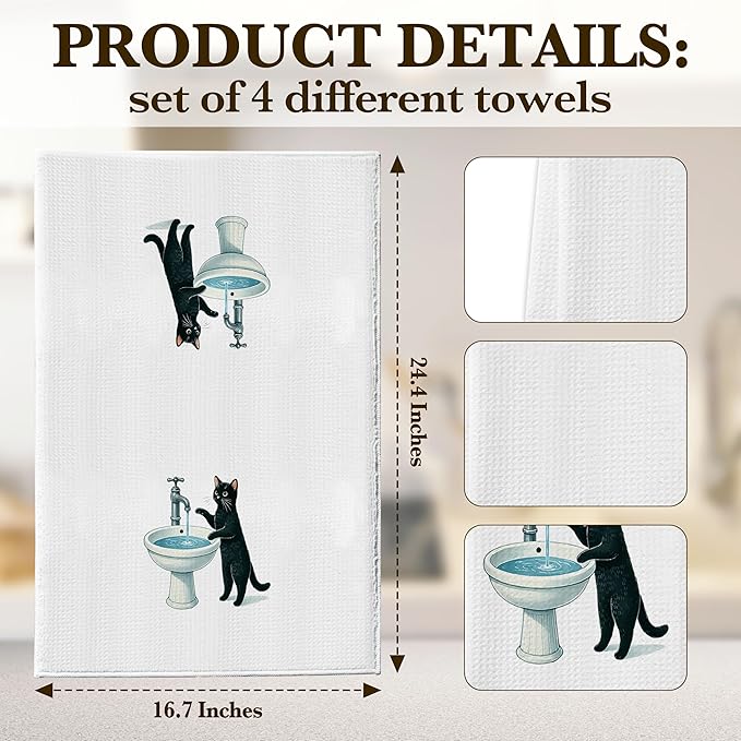 DETIHO Black Cat Hand Towel, Cat Dish Towels Decorative Set 16x24 Inches Set of 4, Towels for Kitchen, Bathroom