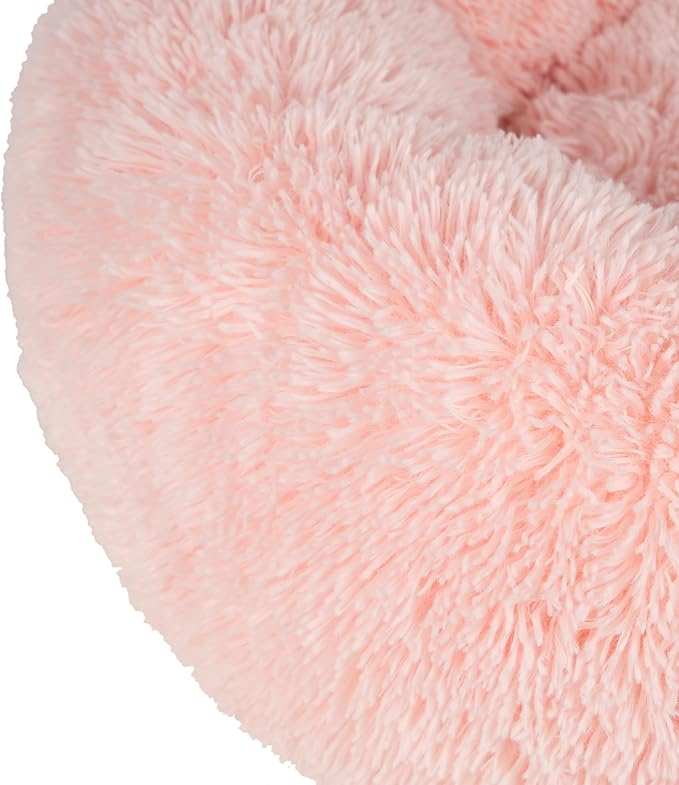 Best Pet Supplies Round Donut Dog Bed with Plush Faux Fur Fabric, Calming, Anti-Anxiety Cushion for Indoor Pets, Slip-Resistant Base, Soft Ergonomic Support - Pink, 27x27x7.5''