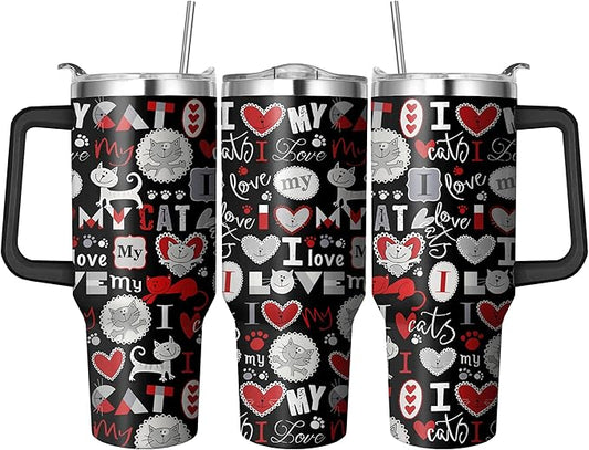 40 Oz Cat Tumbler With Straw and Handle, Double Wall Stainless Steel Coffee Mug, Insulated for Cat Lovers, Mom or Dad Cups Gifts for Women