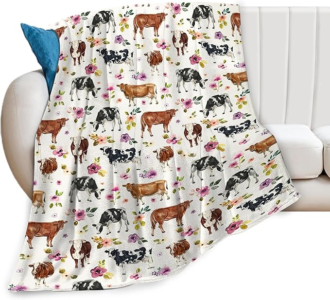 Cow Blanket Cattle Floral Decor Throw Blanket Super Warm Soft Plush Lightweight Fleece Flannel Farmhouse Cute Animals Blanket Gifts for Girls Boys Women Men for Winter Couch Bedding 40"X50"