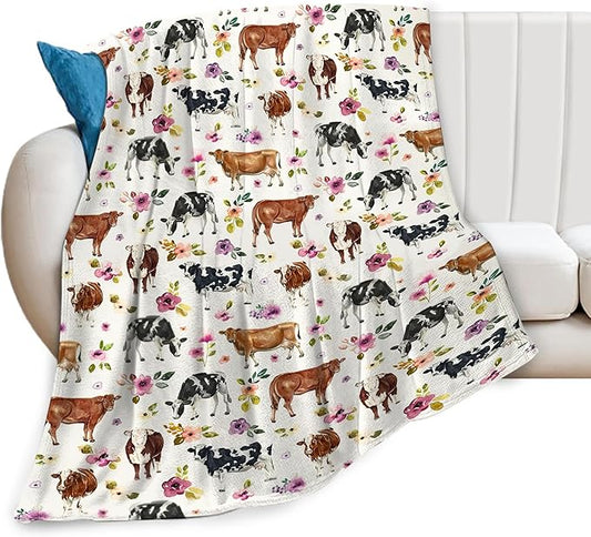 Cow Blanket Cattle Floral Decor Throw Blanket Super Warm Soft Plush Lightweight Fleece Flannel Farmhouse Cute Animals Blanket Gifts for Girls Boys Women Men for Winter Couch Bedding 40"X50"