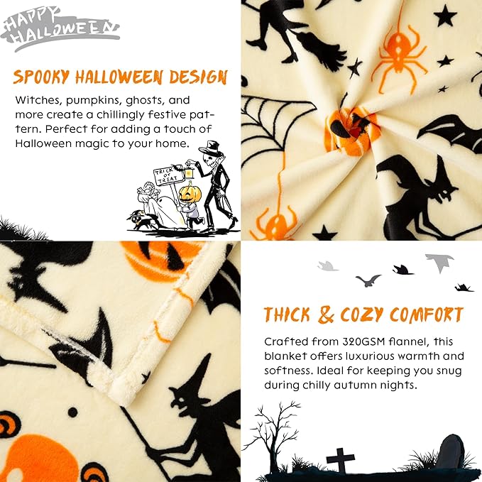 Pumpkin Halloween Blanket 50” x 70” Reversible Witch's Hat Spider Webs Print Fleece Throw Blanket, 320 GSM Surper Soft Warm Cozy Blanket for Couch Sofa, Halloween Harvest Gifts and Orange Home Decor
