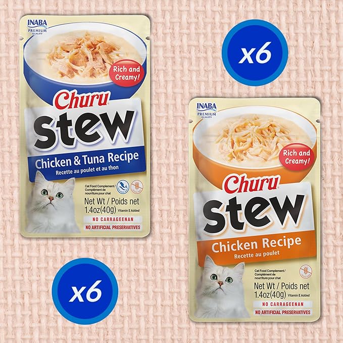 INABA Churu Stew for Cats, Broth Gelée with Shredded Chicken Side Dish Pouch with Vitamin E, 1.4 Ounces per Pouch, 12 Pouches, Chicken & Tuna Variety
