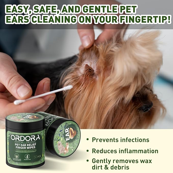 ORDORA PET Ear Finger Wipes for Dogs & Cats - Gently Remove Ear Wax, Debris - Sooths & Deodorizes - Relieve Ear Itching & Inflammation, Fresh Coconut Scent, All Natural Ingredients - 50 Pcs
