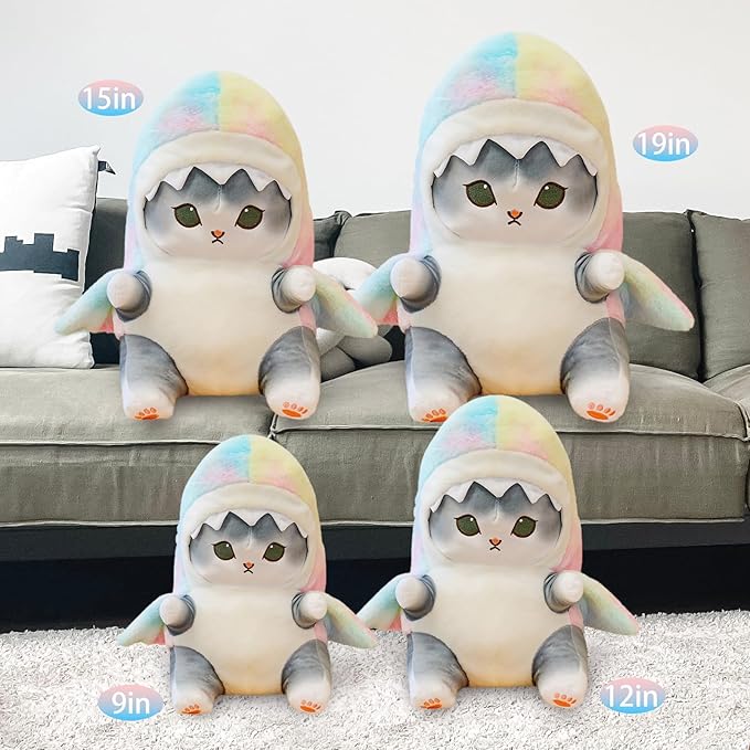 Kawaii Shark Cat Plush Toy Stuffed Animal Doll, Cute Soft Pillow Stress Release Hugs Toys Christmas Halloween Birthday Gifts for Kids Boys Girl Best Gift (Colorful - Gray,19 inch)