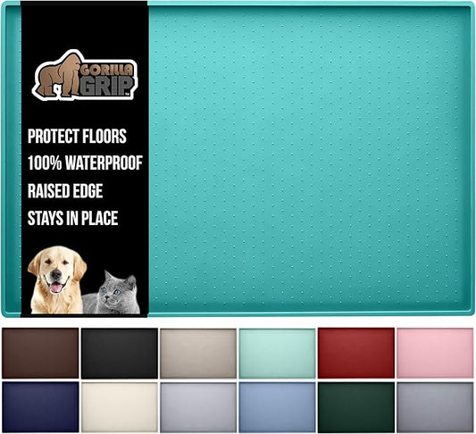 GORILLA GRIP 100% Waterproof Raised Edge BPA Free Silicone Pet Feeding Mat, Dog Cat Food Mats Contain Spills Protects Floors, Placemats for Cats and Dogs Water Bowl, Pets Accessories 28x18 Turquoise
