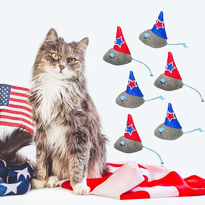 6-Pack Christmas Catnip Mouse Toy Set for Cats - Festive Red & Blue Star Hats, Perfect for Holiday Fun and Gifts