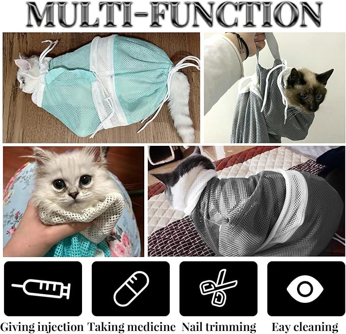 2PCS Cat Bathing Bag, Adjustable Cat Grooming Net Bag Breathable Cat Shower Bag for Cat Restraint Washing Bathing Nail Trimming Injection Medicine Taking (Green, Grey)