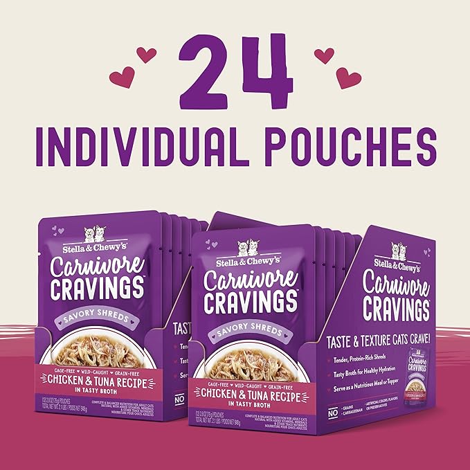 Stella & Chewy's Carnivore Cravings Wet Cat Food Pouches – Grain Free, Protein Rich Meal, Topper or Treat – Chicken & Tuna Recipe (2.8 Ounce Pouches, Case of 24)