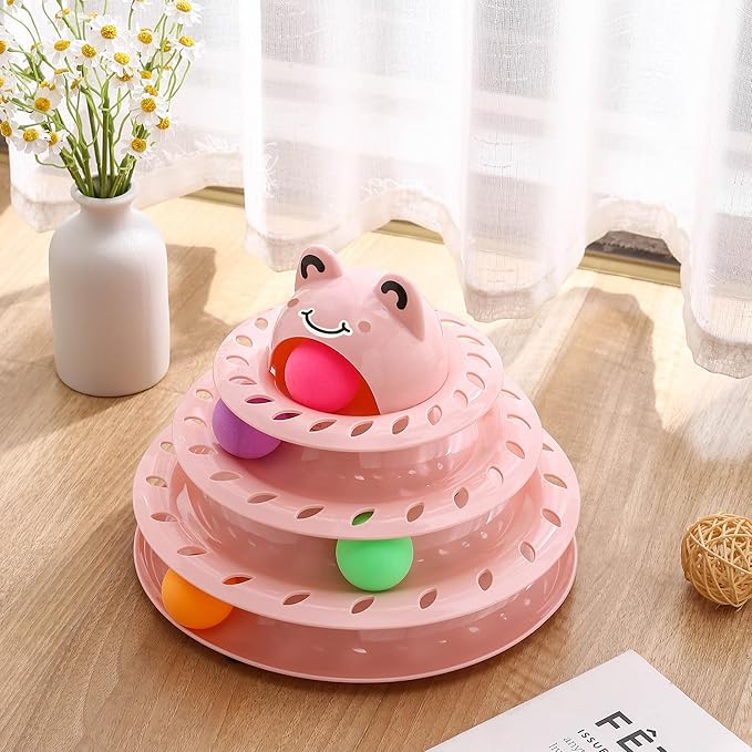 Suhaco Interactive Cat Toys for Indoor Cats Fun Roller 4 Level Cat Tower with Cute Stickers Turntable Kittens Ball Teaser Toy (Pink)