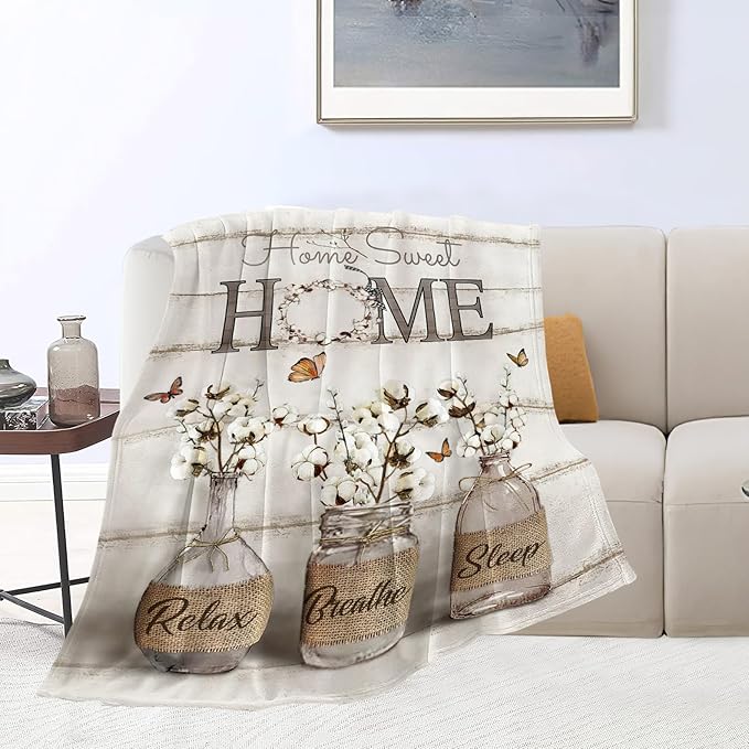 Farmhouse Floral Blanket for Women Girls Ultra Soft Cozy Cotton Flower Throw Blanket Fleece Fuzzy Plush Bedding Blanket Flower Gifts for Women Girls Kids Adults Couch Sofa 80"x60"