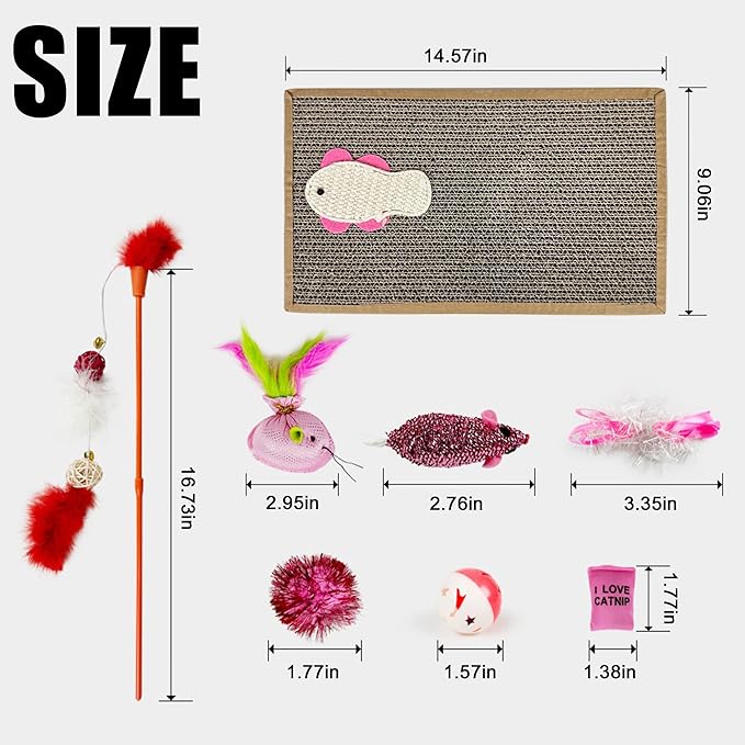 Cat Toys Kitten Toys Set, Cat Scratching pad with Catnip,Cat Wand Toy,Interactive Kitty Toys Cat Feather Toy Catnip Toy Fluffy Mouse Crinkle Balls for Cat Kitty Kitten (Pink)…