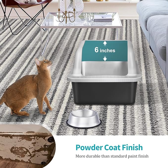 2 Pack Extra Large Stainless Steel Cat Litter Box with Lid, High Sided Metal Litter Box for Big Cats, Hooded Large Jumbo Litter Pan Tray with High Wall Enclosure with Scoop (Black Coated)