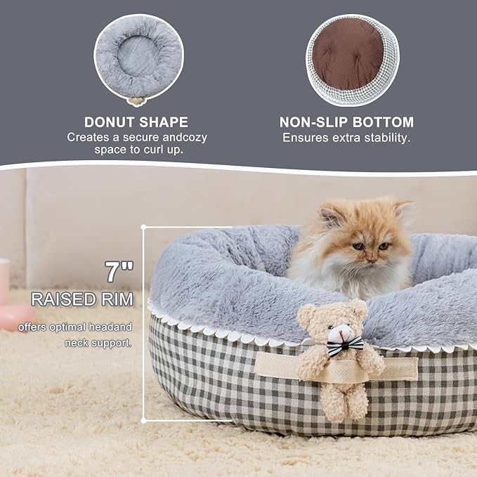 Jiupety Teddy Donut Bed for Indoor Cats, Washable & Warm Small Dog Bed, Cute Fluffy Round Kitten Bed, Suitable for Cat and Puppy, Anti-Slip Calming Princess Kitty Bed, Gray, 20"×20", Fit 12lbs