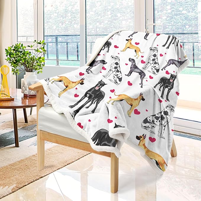 BlessLiving Great Dane Dog Blanket Red Heart Puppy Print Sherpa Fleece Throw Blanket Funny Dog Portrait Plush Blankets (Throw, 50 x 60 Inches)