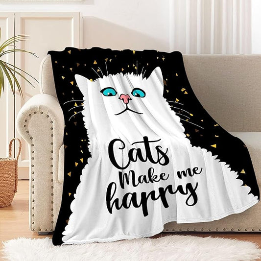 Cat Make Me Happy Throw Blanket Super Soft Cozy Black Cats Blanket for Kid Adult Women Men Cat Lovers Gift Cute Pet Cats Fleece Blanket for Couch Bed Sofa Chair Dorm Home Decor 60"x 50"Medium for Teen