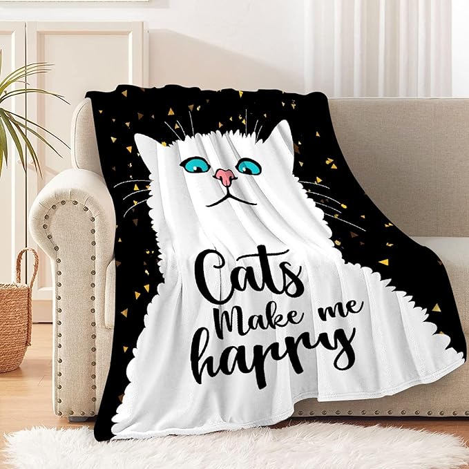 Cat Make Me Happy Throw Blanket Super Soft Cozy Black Cat Blanket for Kid Adult Women Men Cat Lover Gift Cute Pet Cat Fleece Blanket for Couch Bed Sofa Chair Home Decor 120"x 90"Extra Large for Family