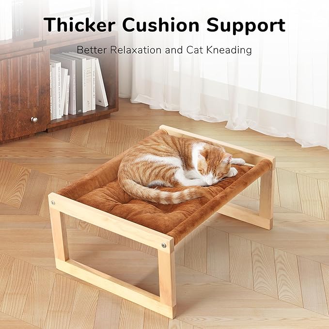 FUKUMARU Cat Bed, Plush Velvet Cat Beds for Indoor Cats, Wooden Cat Hammock, 21 x 16.5 Inch Cat Couch, Suitable for Cats, Dog, Bunny, Rabbit, Kitten and Small Animal, Brown