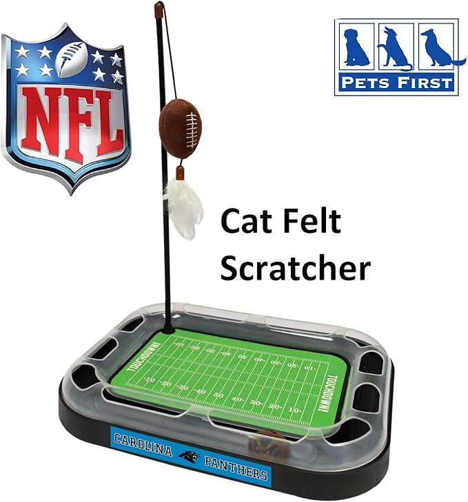 Pets First Cat Scratcher NFL Carolina Panthers Football Field CAT Scratcher Toy. Catnip Filled Plush Football Toy & Feather Cat Toy Hanging. Jingle Bell Interactive Ball Cat Chasing 5-in-1 Kitty Toy