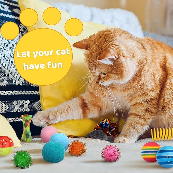 Kitten Toys, 60PCS Cat Balls Springs Toy Set, Sparkle Ball, Cat Mouse Toy, Cat Crinkle Balls, Cat Springs, Cat Ball Toy, Furry Cat Toys Balls Soft Pom Pom Balls