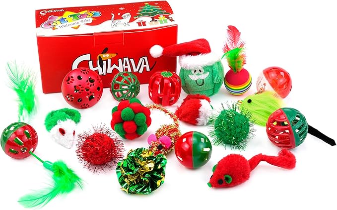 CHIWAVA 17 Pack Christmas Cat Toy Bag Set Assorted Toys Variety Pack Kitten Interactive Play