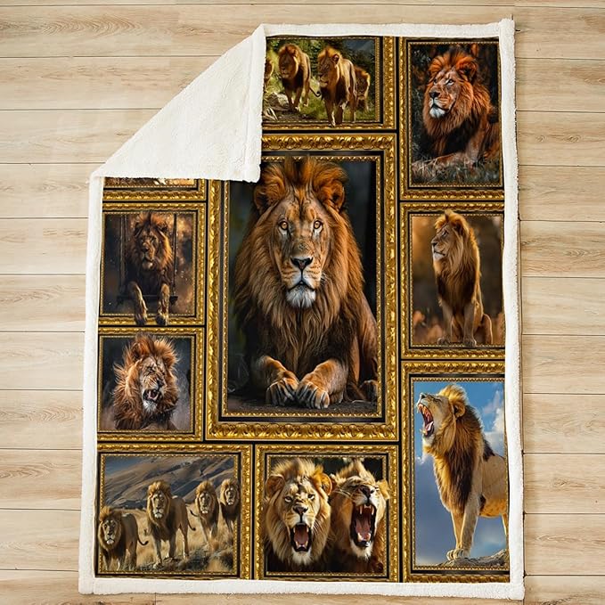 Feelyou Kids Lion Fleece Throw Blanket Throw 50"x60" Safari Print Plaid Sherpa Blanket for Bed Sofa Couch 3D Wild Animal Pattern Plush Blanket Women Men Fuzzy Blanket