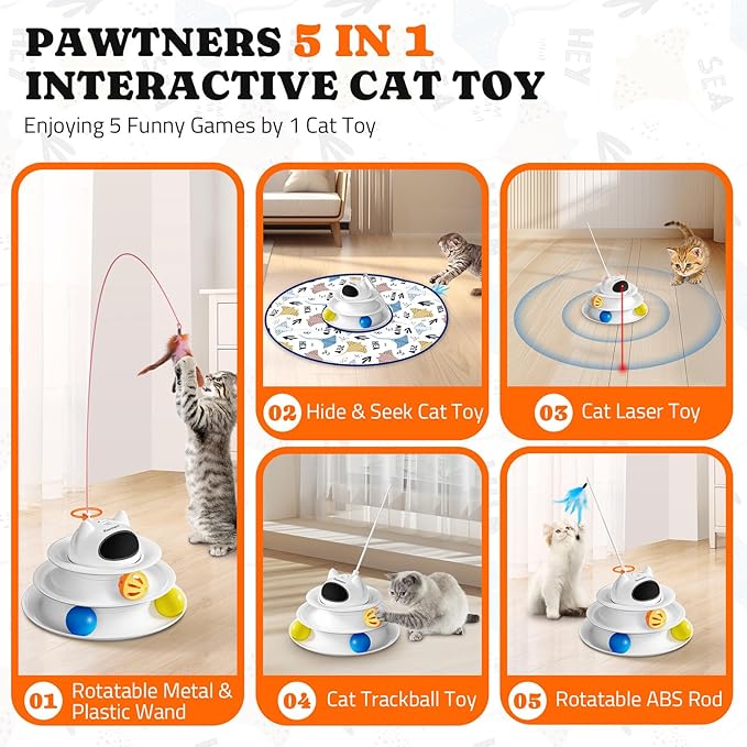 Pawtners Interactive Cat Toy: 5 in 1 Automatic Cat Toy for Indoor Cats, Rechargeable Hide and Seek Toy with PVC Cover, Battery Operated Kitten Laser Toy with Standard Accessories Pack