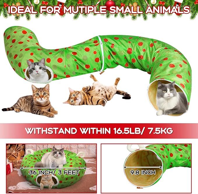 Christmas Cat Tunnel Bed 3ft x 3ft x 9.8in Under Christmas Tree Cat Tunnels for Indoor Cats Xmas Lime Green Cat Donut Tunnel Foldable Plush Peekaboo Cat Cave Toy for Small Cat Kitten Kitty