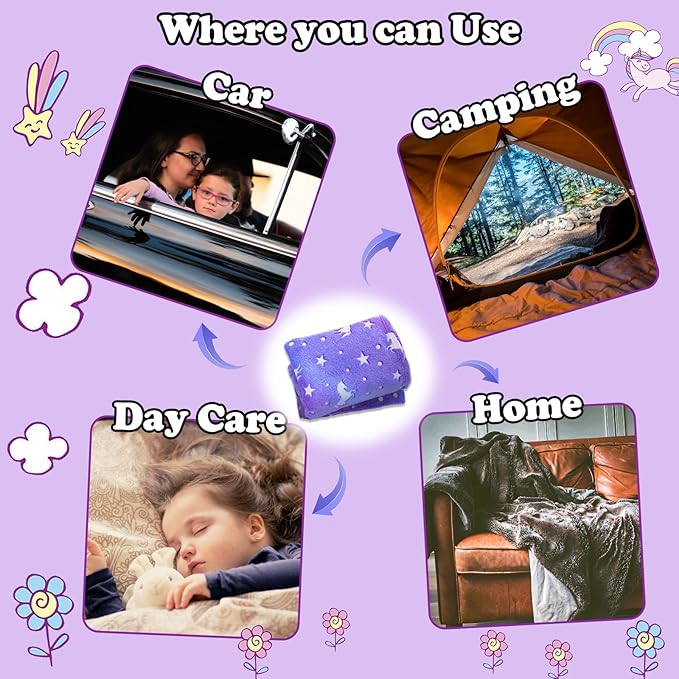 Unicorn Throw Blanket Glow in The Dark Blankets for Girls with Storage Bag, Best Gifts for Birthday Christmas Valentines, Girls Blanket Kids Blanket, Soft for Day Care Home Travel Use, 50"x60" Purple