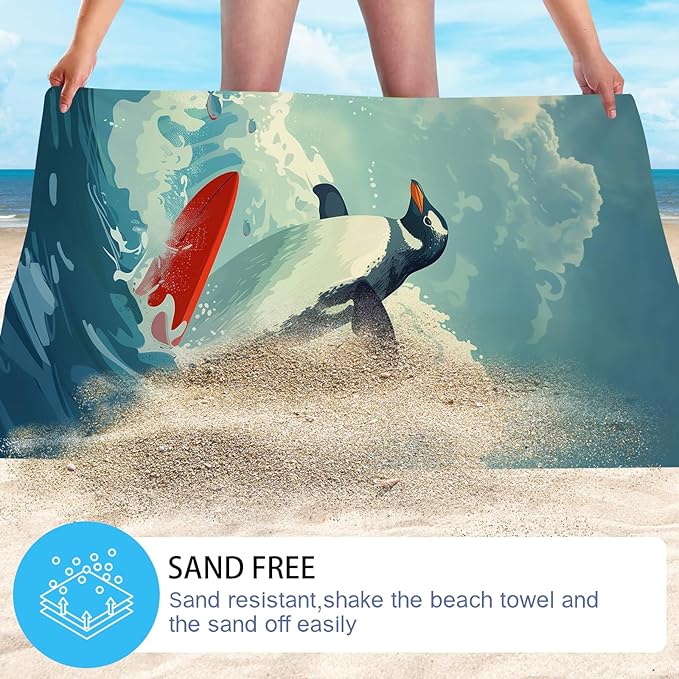 WZOMT Microfiber Penguin Beach Towel Oversized, Cute Penguin Surfing Ocean Animal Blue Bath Towels for Adults Kids, Soft Quick Dry Absorbent Sandproof Travel Swim Pool Towels 32x52 Inch