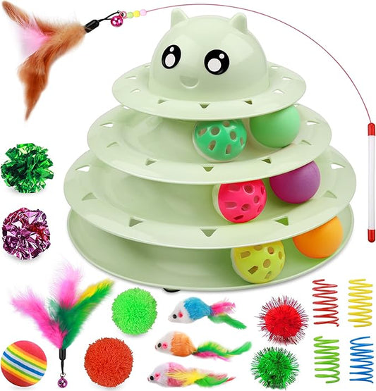 UPSKY 20 PCS Cat Toys, Cat Roller Toy 3-Level Turntable Cat Toys Balls for Indoor Cats, Kitten Toys Set with Cat Teaser Toys, Mice Toys, Spring Toys, and Various Ball Toys.