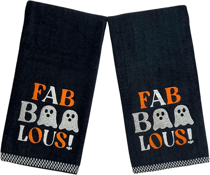 Halloween Bathroom Hand Towels Set of 2-16” x 25” Embroidered Ghost Faboolous Design- Decorative Seasonal Holiday Bath Decor