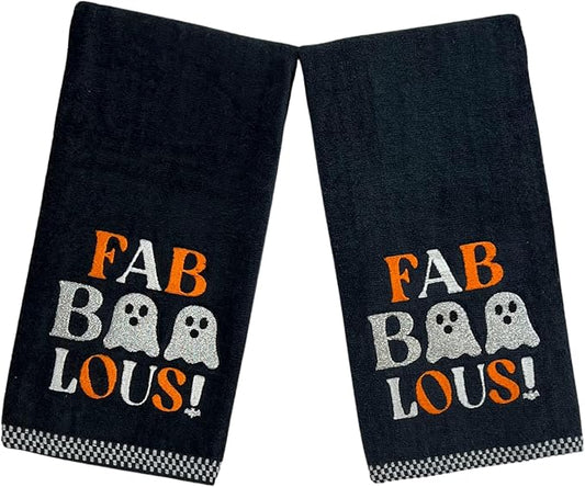 Halloween Bathroom Hand Towels Set of 2-16” x 25” Embroidered Ghost Faboolous Design- Decorative Seasonal Holiday Bath Decor
