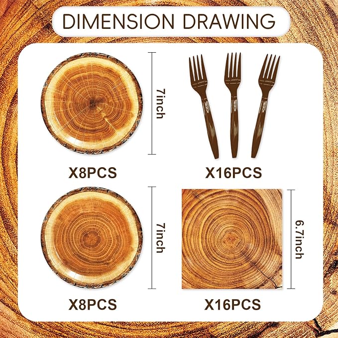 48Pcs Wood Grain Slice Party Decorations Camping Hunting Tableware Set Disposable Wood Plates Napkins Forks Serves 16 Rustic Wood Slice Baby Shower Birthday Party Decorations