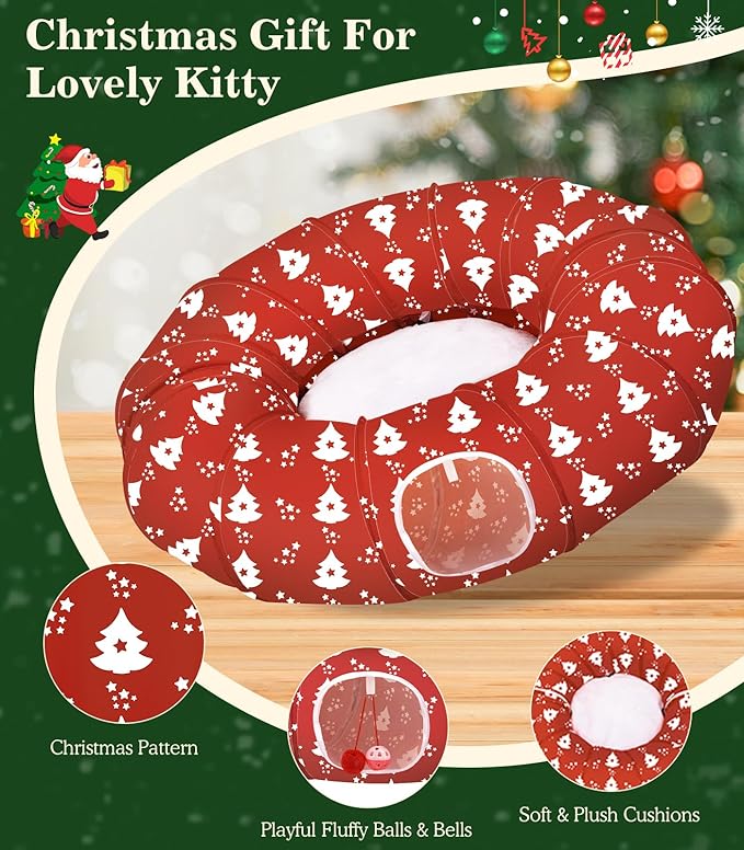 Pawaboo Cat Tunnel Bed Under Christmas Tree, 35.4'' Christmas Cat Toy Circle Tunnel with Toy Ball, Decorative Christmas Festive Foldable Kitty Tube Tunnel for Cat Small Animal (Red Xmas Tree)