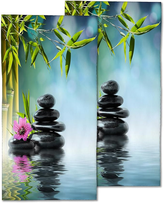 Zen Spa Hand Towels Set of 2,Green Bamboo Flower Soft Fingertip Bath Towel Small Face Washcloths Decor Kitchen Towel for Hotel Spa Gym Sport 28x14in