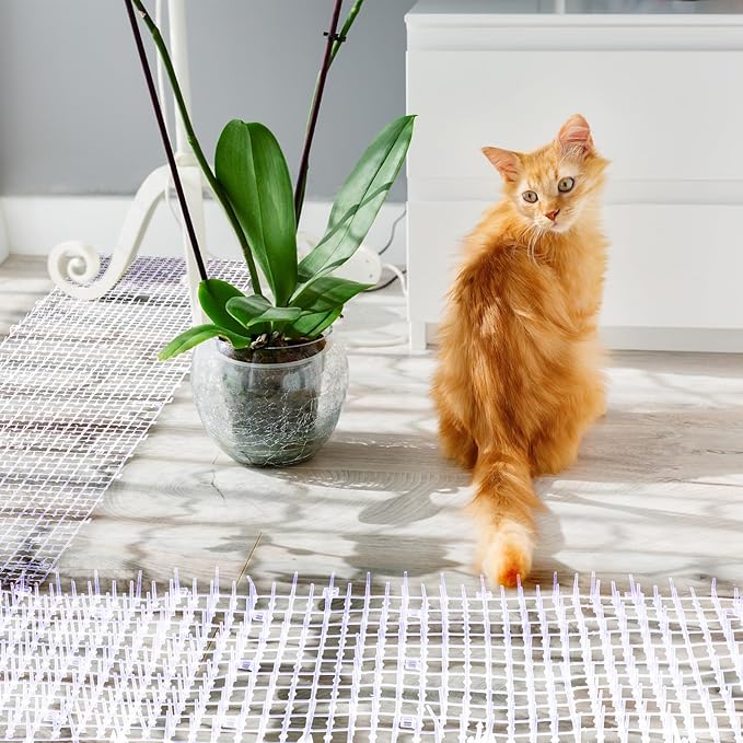 Sanwuta 2 Pcs 26.3 ft Cat Spike Mat Outdoor Cat Deterrent Mat with Spikes Prickle Strips Indoor Dog Digging Deterrent Anti Cats Network Cat Spikes with 10 Staples for Garden Fence (White)