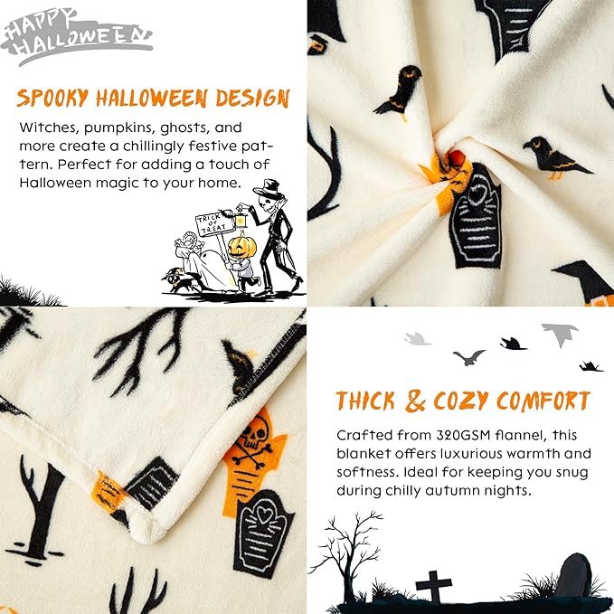 Haunted Halloween Blanket 50” x 70” Reversible Ghost Witch's Hat Print Fleece Throw Blanket, 320 GSM Surper Soft Warm Cozy Fall Blanket for Couch Sofa, Halloween Harvest Gifts and Home Pumpkin Decor