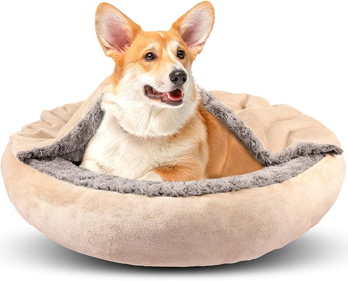 GASUR Dog Beds for Small Medium Dogs with Hooded Blanket, Cozy Cuddler Luxury Puppy Pet Bed with Blanket Attached, Donut Round Calming Anti-Anxiety Dog Burrow Cave Bed, Machine Washable 26 inch