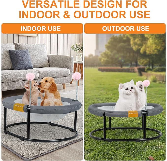 Cat Bed Elevated Cat Hammock for Indoor Outdoor Large Cats, Cat Dog Raised Pet Bed Stable & Breathable Easy Assembly, Small Outdoor Cat Bed for Sleeping Kittens Dog Oval Cat Hammock with Toy Ball,Grey