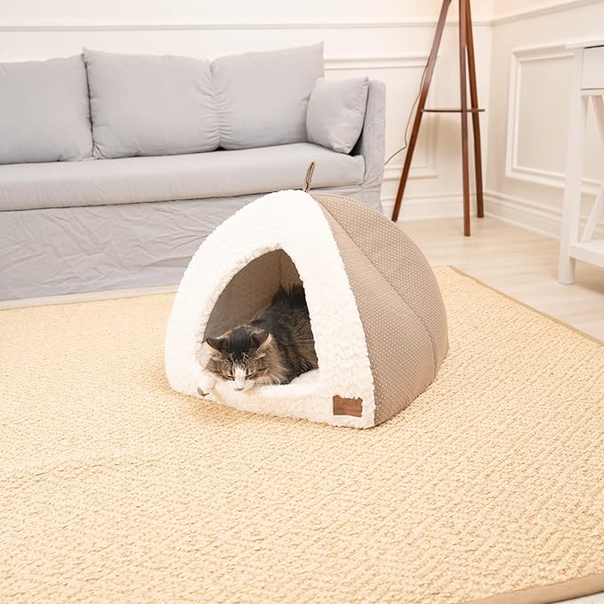 Cat Dog Tent Triangle Bed Removable Cushion Cover Two Way Conversion (Large, Beige Linen)